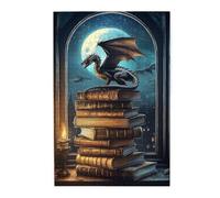 Liorosa Puzzle de 1000 pièces pour adultes - Bibliothèque du dragon au clair de lune, dragon noir majestueux perché sur un livre ancien avec fenêtre gothique, exercice des compétences manuelles et de