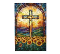 Liorosa Puzzle de 1000 pièces pour adultes Croix sacrée avec effet vitrail, entouré de tournesols en fleurs et paysage de montagne, idéal pour la détente et le plaisir en famille, cadeau pour un ami