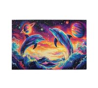 Liorosa Puzzle de 1000 pièces pour adultes - Dauphins cosmiques - Couleurs vives - Cétacés sautant à travers les vagues interstellaires - Profitez de résoudre des puzzles avec votre famille et vos