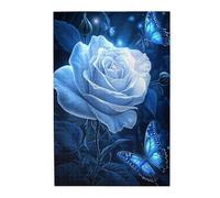 Liorosa Puzzle de 1000 pièces pour adultes Enchantement au clair de lune, rose bleue avec pétales de cristal et papillons dans un jardin mystique, art fantastique en bois de qualité supérieure, chaque