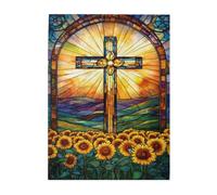 Liorosa Puzzle de 500 pièces pour adultes, croix sacrée avec effet vitrail, entouré de tournesols en fleurs et paysage de montagne, idéal pour la détente et le plaisir en famille, cadeau pour un ami