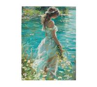 Liorosa Puzzle de 500 pièces pour adultes - Rêverie au bord du lac, femme éthérée en robe bleue fluide, brainstorming pour soulager le stress, œuvre d'art amusante pour adulte, profitez du processus