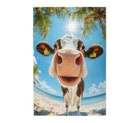 Liorosa Puzzle de vache de vacances pour adultes 1000 pièces Vache blanche avec regard surpris dans une escapade sur l'île, puzzle unique d'aventure animale, plaisir à la fois corps et esprit, design