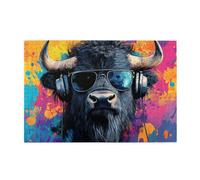 Liorosa Puzzle hipster yak de 1000 pièces pour adultes - Fourrure noire avec écouteurs rétro et lunettes de soleil en toile de fond psychédélique, puzzles d'animaux stimulants, défi pour vous-même