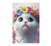 Liorosa Puzzle pour adultes 1000 pièces de rêve de barbe à papa, chat blanc moelleux avec fleurs aquarelles au pays des merveilles doux, conte de fées en bois, cadeau pour les amoureux des chats et
