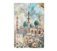 Liorosa Puzzle pour adultes 1000 pièces Mosquée aquarelle avec cour fleurie, esthétique de couleur douce, exercice des compétences pratiques et de la pensée, complet avec la famille et les amis