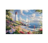 Liorosa Puzzle pour adultes 1000 pièces phare en fleurs, balise à sommet rouge entourée de fleurs sauvages avec un bateau à voile lointain, détendez-vous vous-même, exercez votre capacité manuelle et