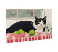 Liorosa Puzzle pour adultes 500 pièces après-midi de chat, chat noir et blanc contre la vaisselle vibrante dans la lumière de cuisine joyeuse, animal de compagnie d'art moderne, activités amusantes