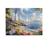 Liorosa Puzzle pour adultes 500 pièces phare en fleurs, balise à sommet rouge entourée de fleurs sauvages avec un bateau à voile lointain, détendez-vous vous-même, exercez vos capacités manuelles et