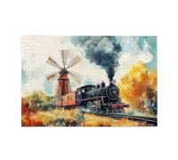 Liorosa Puzzle train à vapeur et moulin à vent de 1 000 pièces, puzzle en bois amusant au design aquarelle, complet avec la famille et les amis, exercice de la capacité manuelle et de la patience