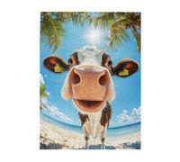 Liorosa Puzzle vache de vacances pour adultes 500 pièces Vache blanche avec regard surpris dans une escapade sur l'île, puzzle unique d'aventure animale, plaisir à la fois corps et esprit, design