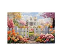 Liorosa Puzzles de 1000 pièces pour adultes - Porte du bonheur - Couleurs joyeuses - Fleurs menant à une villa blanche classique - Plaisir à la fois du corps et de l'esprit, design unique et beau
