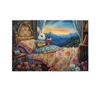 Liorosa Puzzles pour adultes 1000 pièces au moment du coucher - Lapin curieux avec livre d'histoires rouge dans une chambre vintage, puzzle en bois chaud, esthétique de couleur douce, complet avec la
