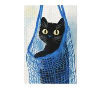 Liorosa Puzzles pour adultes 1000 pièces chat noir curieux dans un sac en filet bleu, charmant puzzle d'art en bois contrasté pour les amoureux des chats et la décoration, idéal pour la détente et le