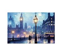 Liorosa Puzzles pour adultes 1000 pièces City Whispers, architecture gothique et tour d'horloge lumineuse sous la pluie aquarelle, monument britannique art puzzle en bois, esthétique classique vintage