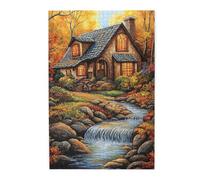 Liorosa Puzzles pour adultes 1000 pièces de sérénade de chalet d'automne, maison en pierre avec ruisseau babbling dans une lueur chaude du coucher de soleil, chaque pièce est unique, profitez de