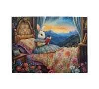 Liorosa Puzzles pour adultes 500 pièces au moment du coucher - Lapin curieux avec livre d'histoires rouge dans une chambre vintage, cadeau puzzle en bois chaud, esthétique de couleur douce, complet