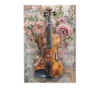 Liorosa Puzzles violon et roses pour adultes 1000 pièces, instrument en bois avec fleurs rouge clair, fond de notes de musique, défi artistique élégant de la nature morte, exercice des compétences