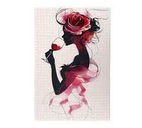 Liorosa Rose Reverie Puzzle en bois de 1000 pièces pour adulte, contraste de silhouette noire et pétales aquarelles, cadeau anti-stress, design unique et beau, œuvre d'art unique pour adultes