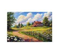 Liorosa Rustic Reverie Puzzle de 1000 pièces pour adultes, cabine rouge-marron avec chemin fleuri dans une prairie ensoleillée, les pièces s'emboîtent parfaitement, complet avec la famille et les amis