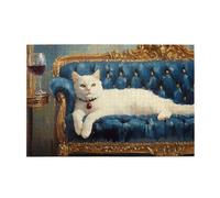 Liorosa Scène de sieste de chat confortable - Puzzle en bois de 1000 pièces pour adulte, bleu et doré, puzzle en bois de luxe avec verre à vin en cristal, idéal pour la détente et le plaisir en