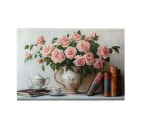Liorosa Scène vintage de l'heure du thé - Puzzle de 1000 pièces pour adultes, vase en porcelaine avec fleurs et livres, art relaxant en bois, relaxation profonde pour vous-même, design unique et beau