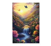 Liorosa Secret Garden Cascade 1000 pièces de puzzle en bois pour adulte, motif floral vibrant avec papillons dansants dans le paradis de montagne, design unique et beau, cadeaux pour les amis et la
