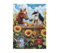 Liorosa Sunny Meadow Companions Puzzle en bois 500 pièces pour adultes - Deux chevaux avec chaton curieux par Wild Flowers Fence, design vibrant et unique, adapté pour les loisirs en famille