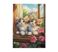 Liorosa Sunny Window And Cat Puzzle de 500 pièces pour adultes, trio de chatons curieux regardant vers le haut depuis un rebord encadré de fleurs, scène d'intérieur confortable, complet avec famille