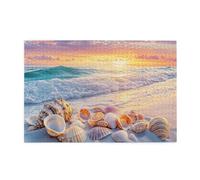 Liorosa Sunset Beach Treasures Puzzle en bois 1000 pièces pour adulte, coquillages colorés sur sable doré avec vagues roulantes, art de l'océan serein, exercice de compétences pratiques et de