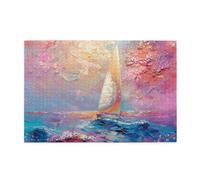 Liorosa Voilier impressionniste de 1000 pièces de puzzle en bois pour adulte, vagues de coup de pinceau avec lueur du coucher du soleil, design vibrant et unique, adapté pour les loisirs en famille et