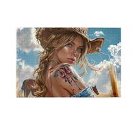 Liorosa Wild West Cowgirl Portrait Puzzle de 1000 pièces pour adultes, blond avec tatouage floral et taches de sang, art stimulant, relaxation profonde pour vous-même, profitez du processus de