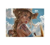 Liorosa Wild West Cowgirl Portrait Puzzle de 500 pièces pour adultes, blond avec tatouage floral et taches de sang, art stimulant, relaxation profonde pour vous-même, profitez du processus de