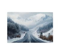 Liorosa Winter Wonderland Puzzle en bois 1000 pièces pour adulte, route de neige serpentine avec pins chargés de neige et sommets lointains, complet avec la famille et les amis, profitez du processus