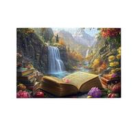 Liorosa Wisdom's Window Puzzle de 1000 pièces pour adultes, pile de livres avec des fruits révélant un paysage aquarelle alpin, chef-d'œuvre artistique en bois, chaque pièce est unique, cadeaux pour