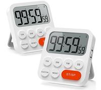 LIORQUE Minuteur de Cuisine, Minuteur avec Fonction d'horloge Digitale, Réglage Rapide, Mode personnalisé, 3 Niveaux de Volume réglable, Dos Magnétique Fort (Comprend 2 Piles AAA) 2 Pack - Blanc