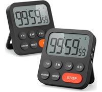 LIORQUE Minuteur de Cuisine, Minuteur avec Fonction d'horloge Digitale, Réglage Rapide, Mode personnalisé, 3 Niveaux de Volume réglable, Dos Magnétique Fort (Comprend 2 Piles AAA) 2 Pack - Noir