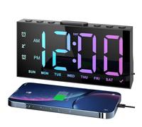 LIORQUE Réveil Numérique, Reveil Ado avec 4 Couleurs Dégradées et 4 Couleurs Fixes, 4 Modes D'alarme, 2 Alarmes, Réglage de La Luminosité, Snooze, 12/24 H, Port USB, Noir