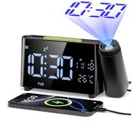 LIORQUE Réveil Projeteur Plafond, Radio Réveil Projection Plafond avec Grand Écran LED, Radio FM, °C/°F, 12/24 H, Rotation à 180°, 5 Niveaux de Luminosité, USB, Double Alarme, Fonction Mémoire