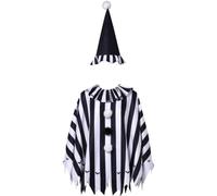 Lipfer Costume De Clown pour Halloween : Cape Noire Blanche, Pompons, Chapeau De Bouffon, Déguisement De Film d'horreur pour Adulte.