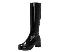 LIPIJIXI Black Knee Bottes Hautes GoGo Bottes of the 70s Bout Rond Disco Bottes Talons Chunky Plateforme Bottes Patent Side Zipper Bottes hautes Size 46