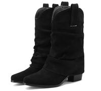 LIPIJIXI Classique Faux Suède Bottes Cowboy pour femme Rétro Fold Over Bottes Cowgirl Bout Rond Chunky Heel a Enfiler Wide Calf Bottes Western Black Mariage Fête Mid Calf-Bottes Size 9