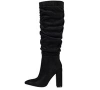 LIPIJIXI Faux Suède Slouch Knee Bottes Hautes Black Bottes Plissées Block Heel Bout Pointu Side Zipper Bottes Longues Sexy Clubwear Fête Demi-Bottes Size 9