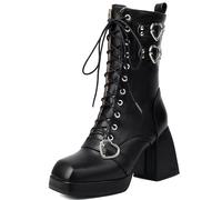 LIPIJIXI Femmes's Dentellets GOGO Bottes Bout Carré Chunky Heels Boucle Mid Calf-Bottes élégant Bureau Bottes Black Patent Disco Bottes Prom Homecoming Btoos Size 6