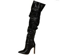 LIPIJIXI Femmes's Solid Slouchy Bout Pointu Chunky Heel Over The Bottes au Genou Zipper Sexy Clubwear Thigh Bottes Hautes Fête Heel Bottes Patent Black Size 35