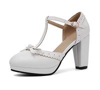 LIPIJIXI Mode Femmes T-Strap Talons Hauts Bow Pumps Bout Rond Pumps Lolita Doux Chaussures Dress Sandales Block Heel Mary Janes Pumps White 36