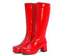 LIPIJIXI Red Knee Bottes Hautes GoGo Bottes of the 70s Bout Rond Disco Bottes Talons Chunky Plateforme Bottes Patent Side Zipper Bottes hautes Size 45