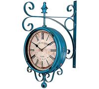 LIPJIA Horloge Murale,Horloge de Gare Double Face Bleue, Horloge de Jardin extérieure résistante aux intempéries, Rotation à 360 ° en Fer forgé, décoration rétro, horloges de Jardin extérieures pou