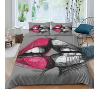 Lips Kiss Art Ensemble De Literie 3 Pièces 3D Imprimée Hypoallergique Noir Blanc Sketch Style Housse de Couette avec 2 x Taies d'oreiller Respirante for Chambre à Coucher Double（200x200cm）