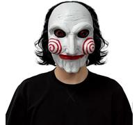 LipSki Saw Billy Masque complet en latex avec cheveux effrayants pour Halloween - Costume de marionnette de clown pour adulte (blanc)